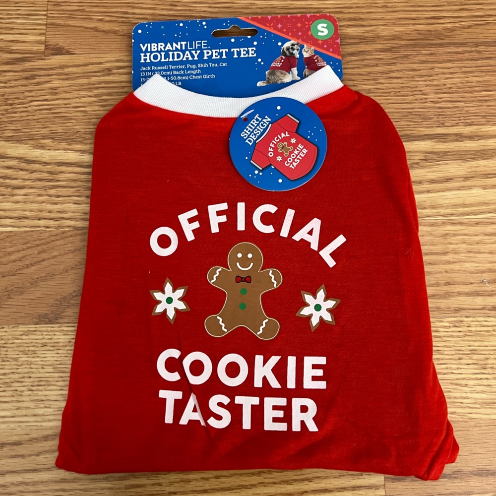 VIBRANT LIFE DOG/CAT HOLIDAY PET TEE SHIRT "OFFICIAL COOKIE TASTER" SIZE S